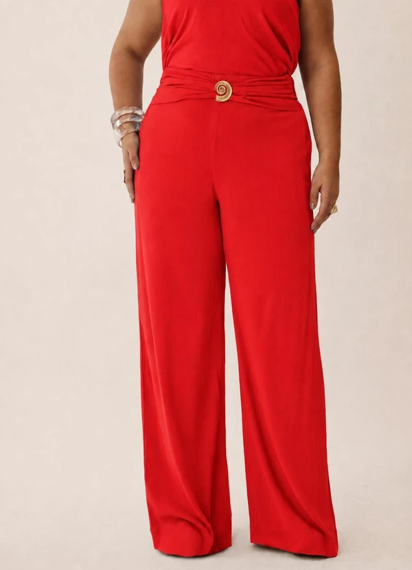 Elegance - Calça Pantalona com Sobreposição Vermelho Flame