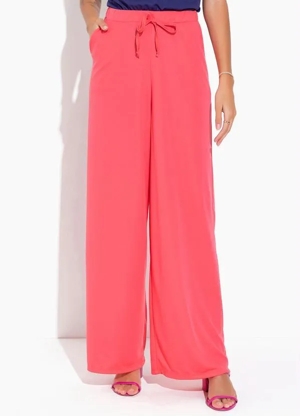 Moda Pop Calça Pantalona Coral com Elástico na Cintura