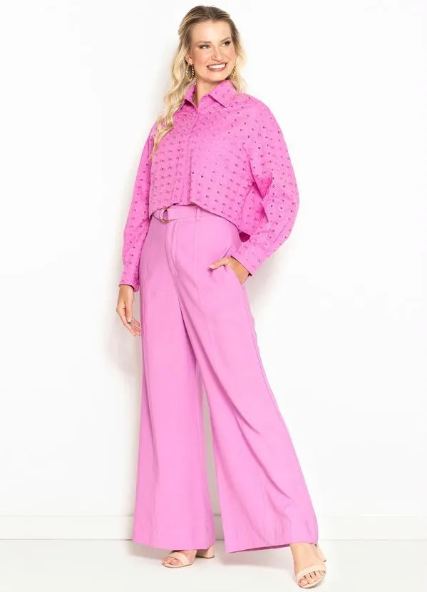 Maria Filó - Calça Pantalona de Alfaiataria com Cinto Pesponto Rosa 7