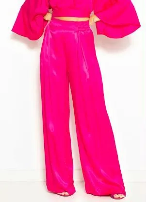 Colcci - Calça Pantalona de Cetim Rosa - COLCCI