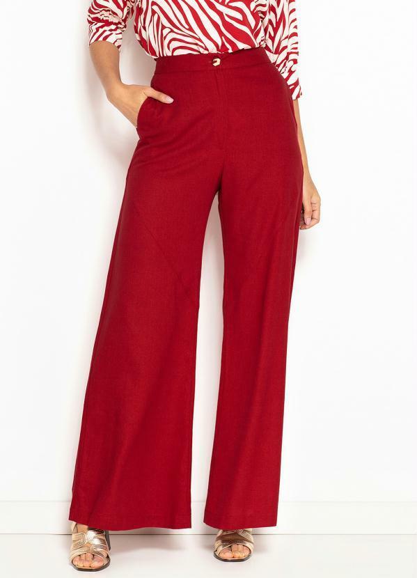 Maria Filó - Calça Pantalona de Linho Bolso Lateral Vermelho