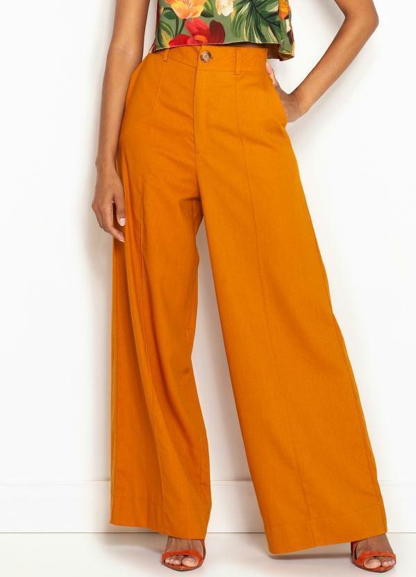 Farm - Calça Pantalona de Linho com Recorte Laranja