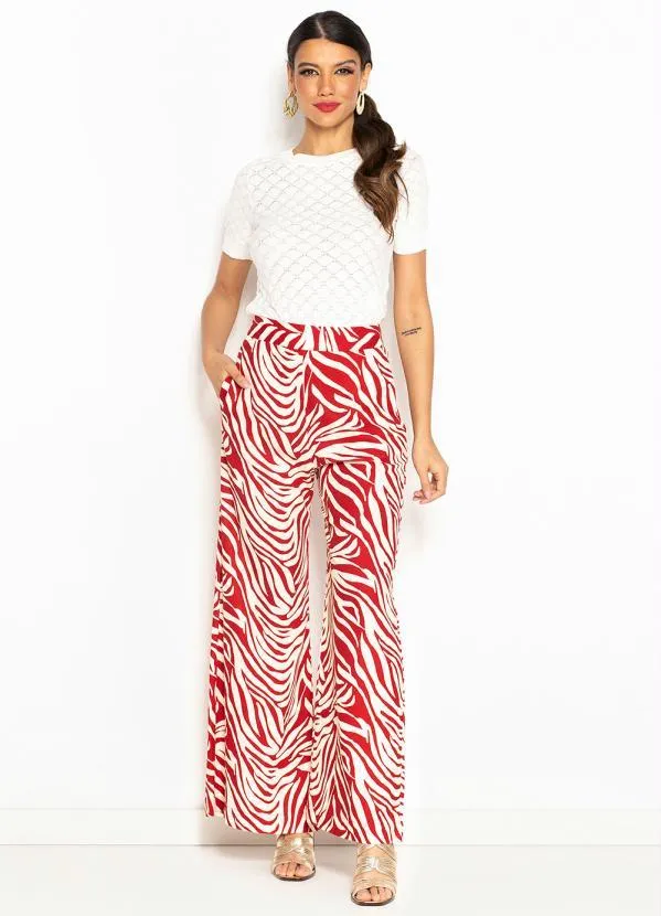 Maria Filó - Calça Pantalona de Linho Estampa Labirinto Vermelho 3