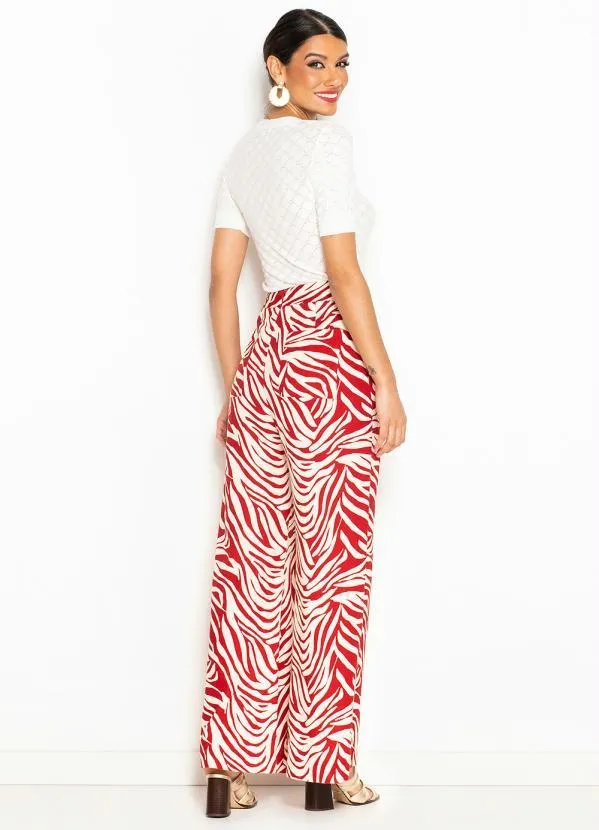 Maria Filó - Calça Pantalona de Linho Estampa Labirinto Vermelho 4