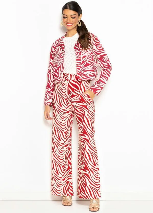 Maria Filó - Calça Pantalona de Linho Estampa Labirinto Vermelho 6