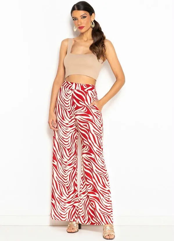 Maria Filó - Calça Pantalona de Linho Estampa Labirinto Vermelho 7