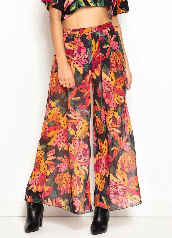 Farm - Calça Pantalona de Tule Flor de Banana Preto