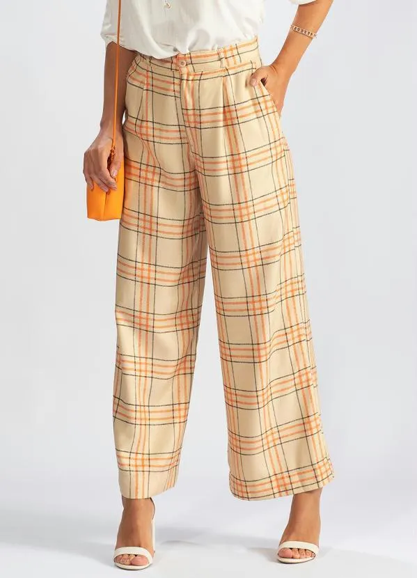 Hering Calça Pantalona de Viscose Xadrez Laranja