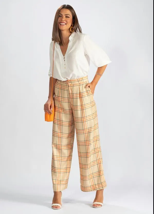 Hering - Calça Pantalona de Viscose Xadrez Laranja 3