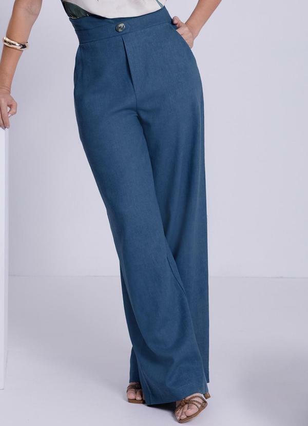 Lunender - Calça Pantalona em Linho com Detalhe Cós Azul