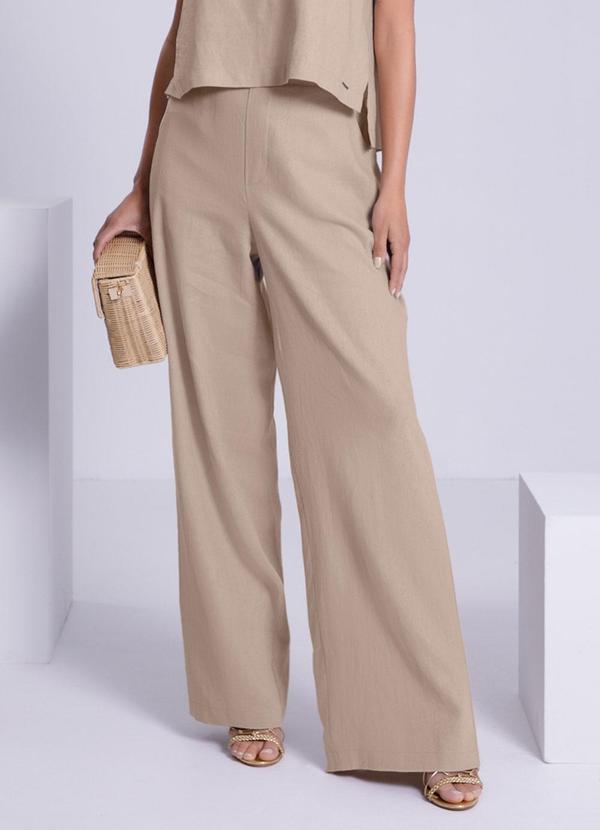Lunender - Calça Pantalona em Linho com Detalhe Cós Bege
