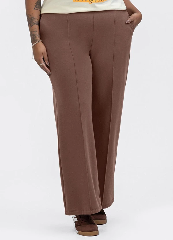 Habana - Calça Pantalona em Moletom Marrom Escuro