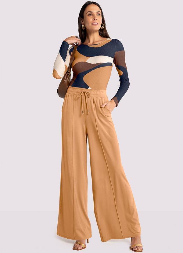 Lunender - Calça Pantalona em Moletom Mvs com Bolsos Bege
