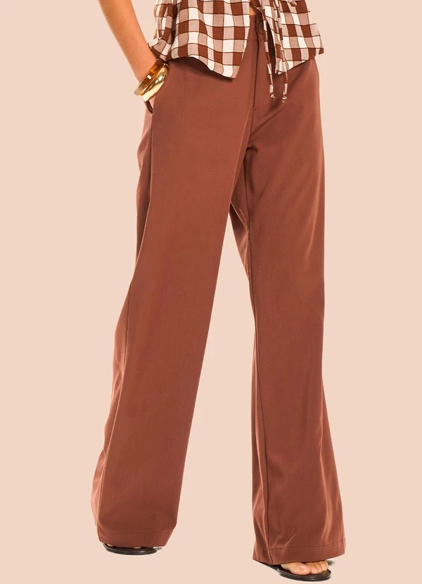 Doce Trama - Calça Pantalona em Sarja Alfaiataria Marrom