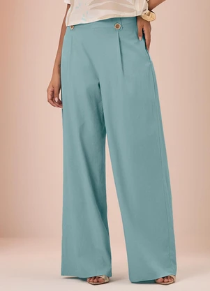 Lunender - Calça Pantalona em Tecido e Linho Azul - LUNENDER