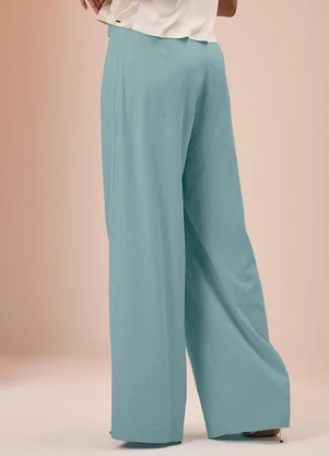 Lunender - Calça Pantalona em Tecido e Linho Azul - LUNENDER
