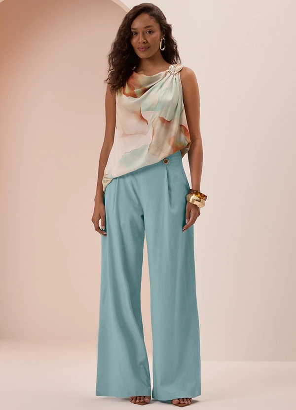 Lunender - Calça Pantalona em Tecido e Linho Azul 3