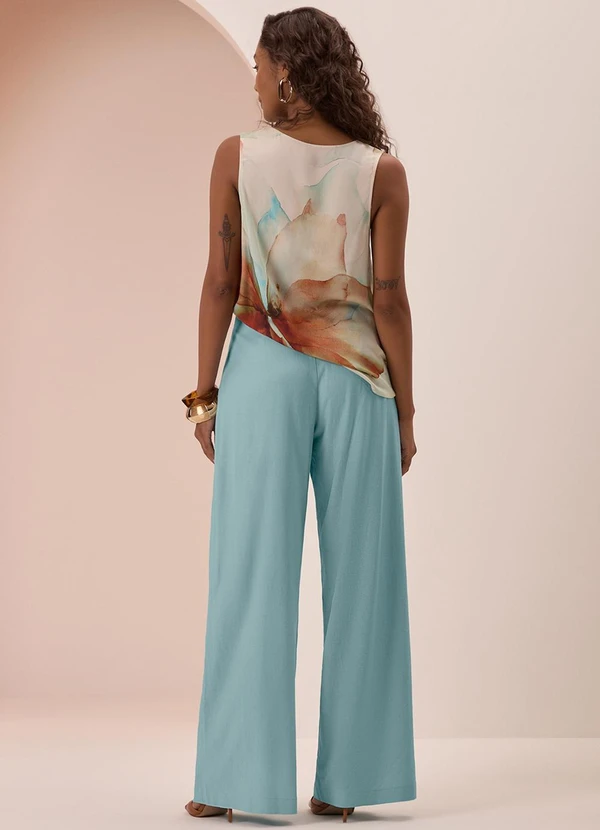 Lunender - Calça Pantalona em Tecido e Linho Azul 4