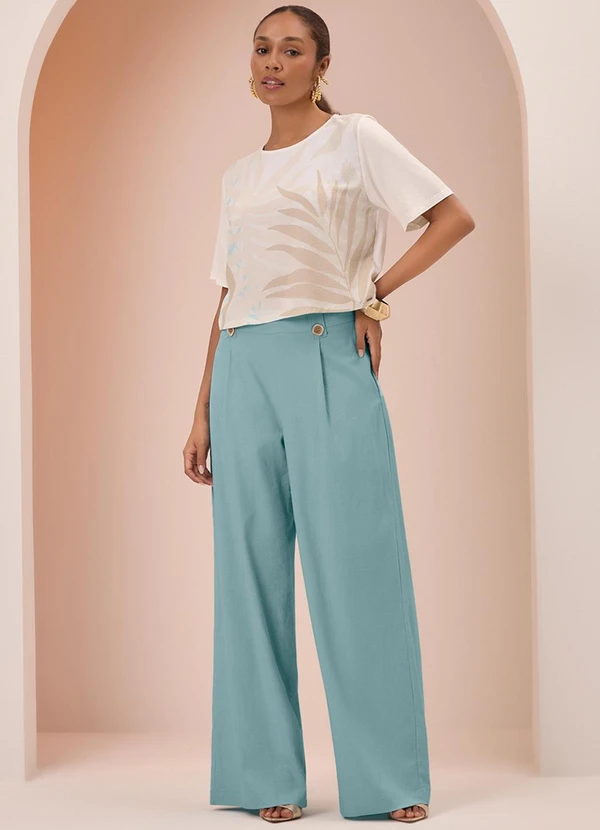 Lunender - Calça Pantalona em Tecido e Linho Azul 5