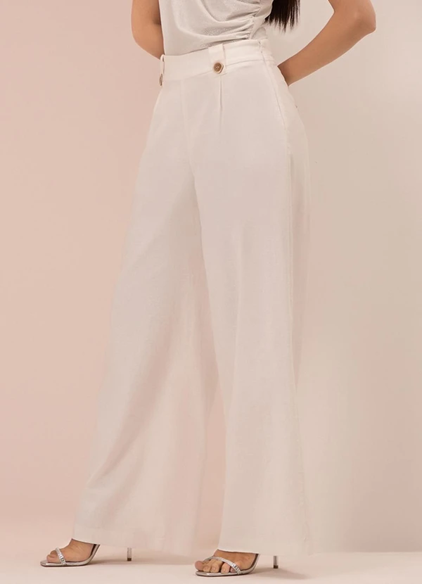 Lunender - Calça Pantalona em Tecido e Linho Branco