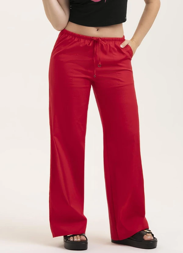 Cativa - Calça Pantalona em Tricoline Vermelho