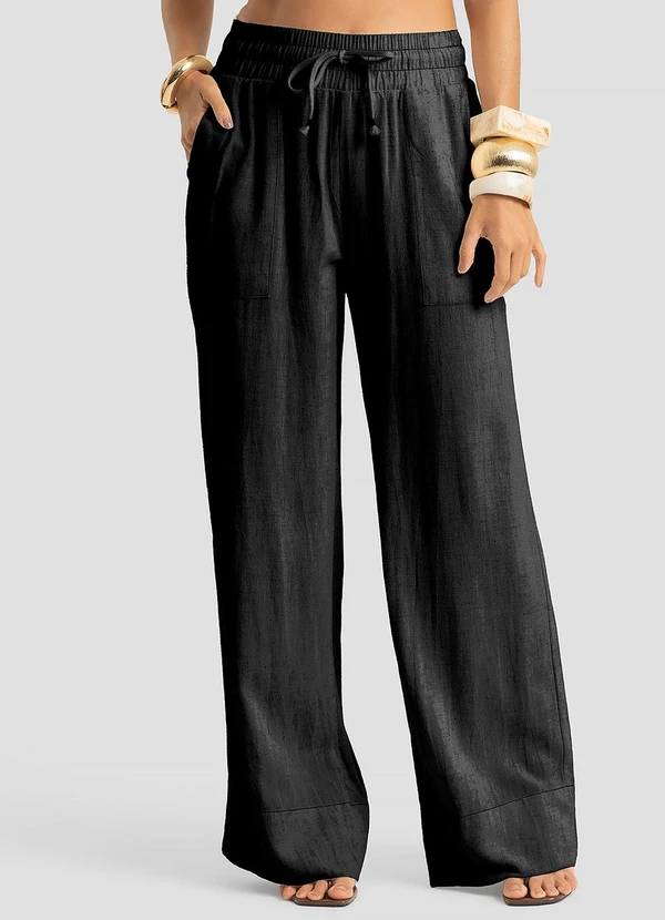 Dianna - Calça Pantalona Feminina em Linho Strong Preto
