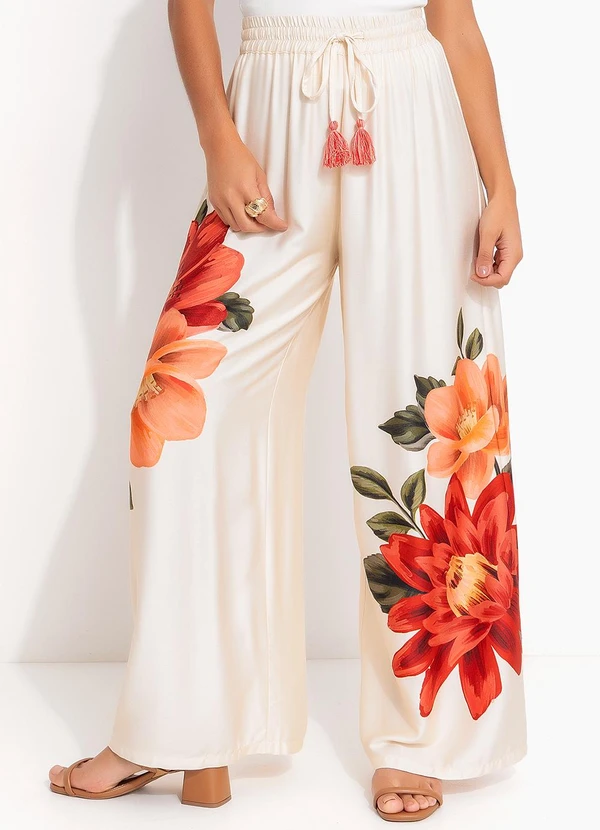 Farm - Calça Pantalona Flor do Rio Bege