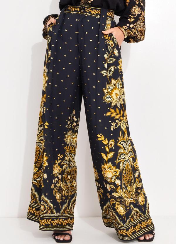 Farm - Calça Pantalona Flora Abacaxi Preto
