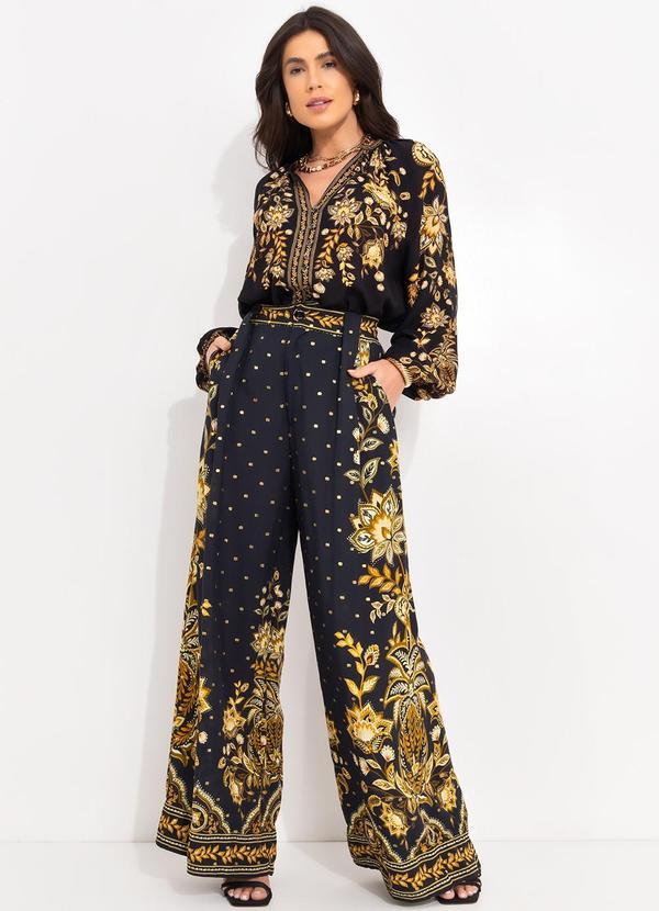 Farm - Calça Pantalona Flora Abacaxi Preto 3