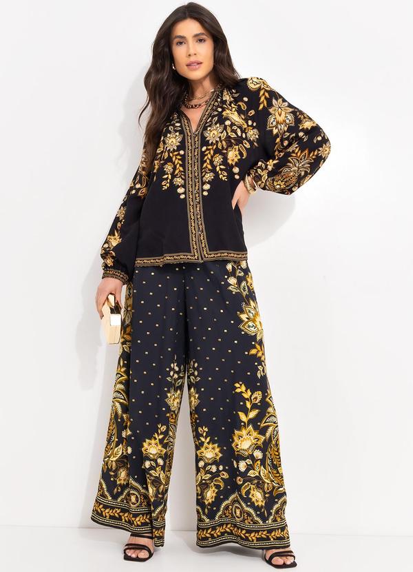 Farm - Calça Pantalona Flora Abacaxi Preto 6