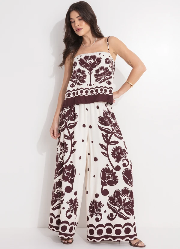 Farm - Calça Pantalona Floral Arabesque Marrom 7