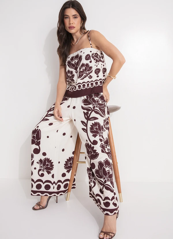 Farm - Calça Pantalona Floral Arabesque Marrom 9