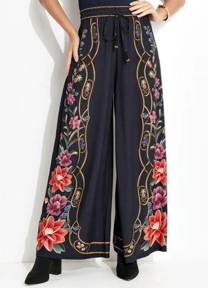 Farm - Calça Pantalona Floral Belle Preto - FARM