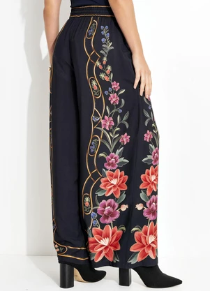 Farm - Calça Pantalona Floral Belle Preto - FARM