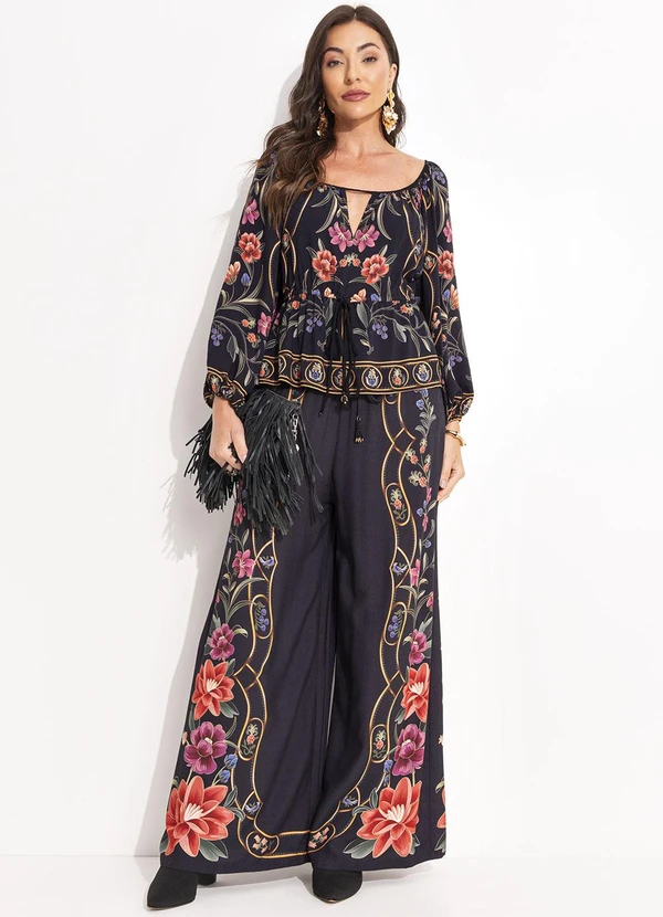 Farm - Calça Pantalona Floral Belle Preto 7