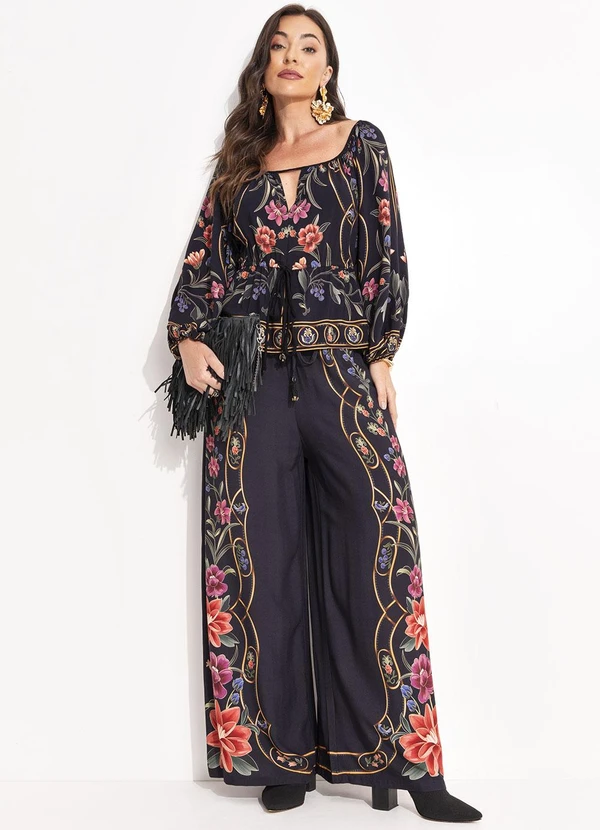 Farm - Calça Pantalona Floral Belle Preto 8