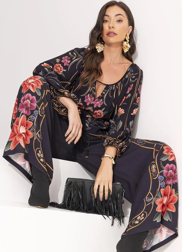 Farm - Calça Pantalona Floral Belle Preto 9