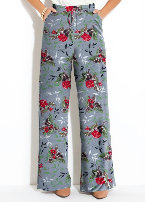 Quintess - Calça Pantalona Floral Cinza Cintura Alta
