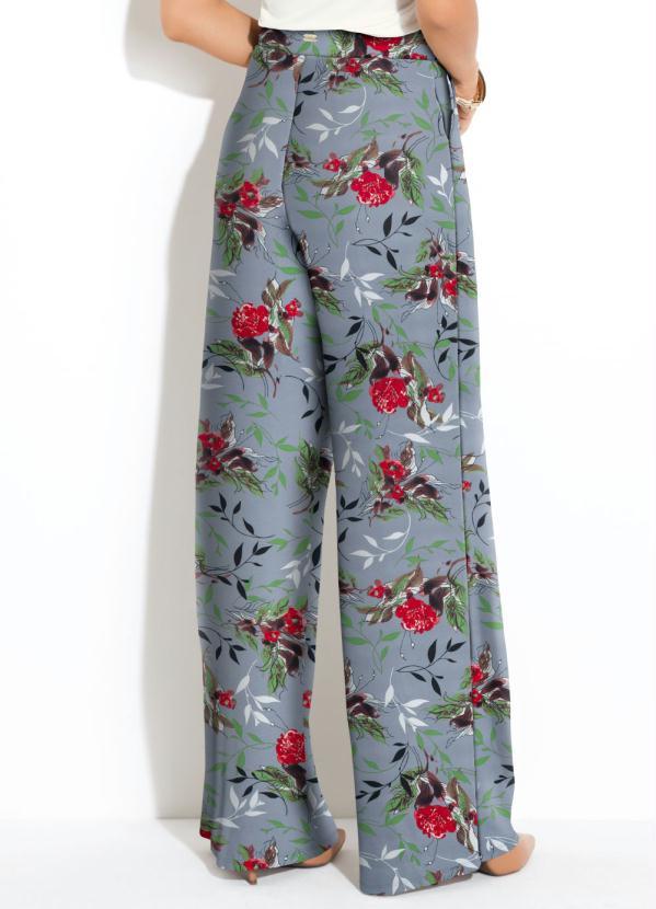 Quintess - Calça Pantalona Floral Cinza Cintura Alta 2