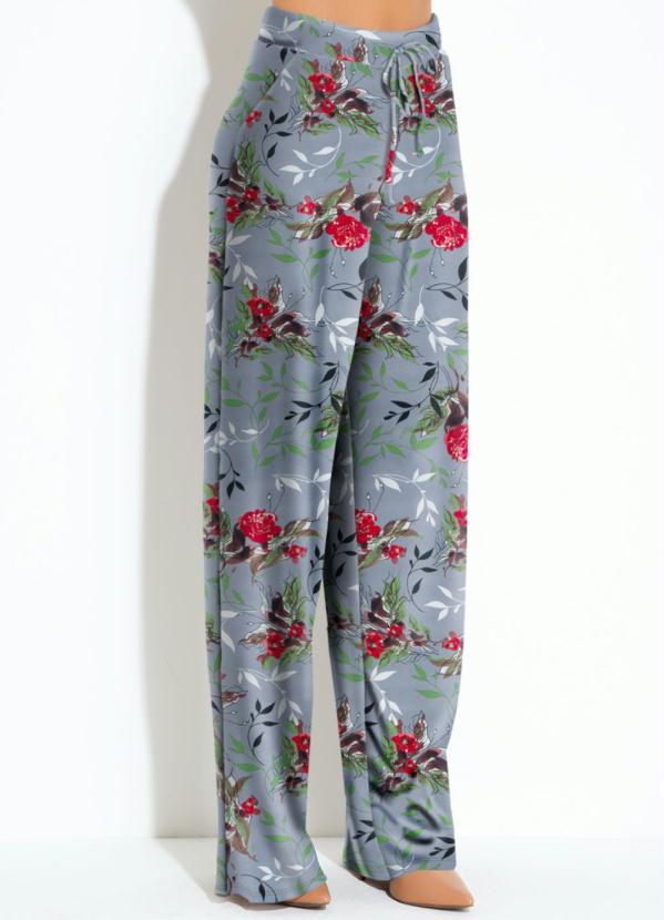 Quintess - Calça Pantalona Floral Cinza Cintura Alta 3