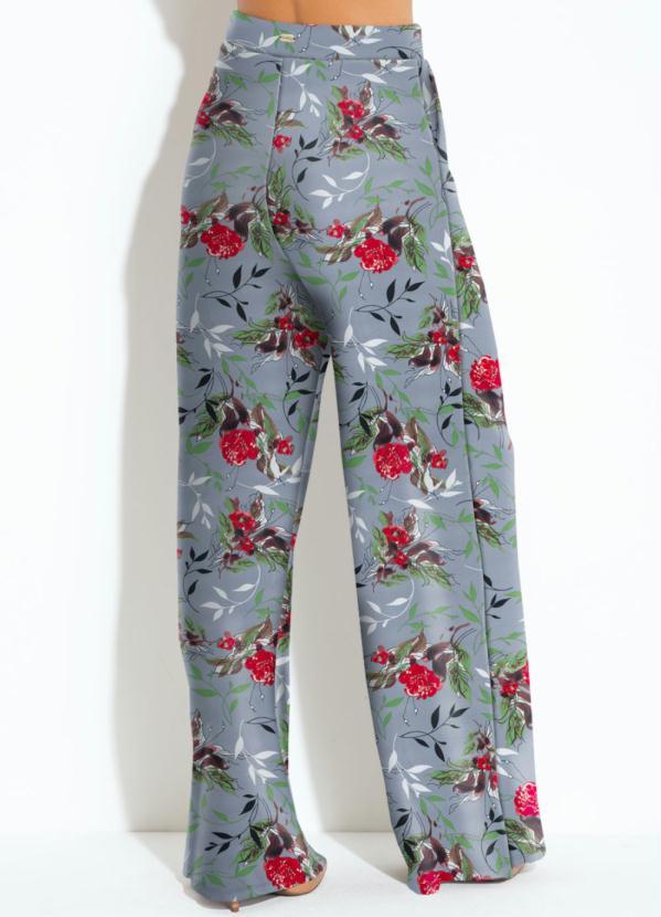 Quintess - Calça Pantalona Floral Cinza Cintura Alta 4