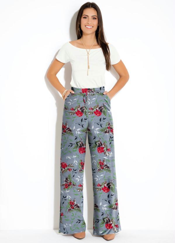 Quintess - Calça Pantalona Floral Cinza Cintura Alta 5