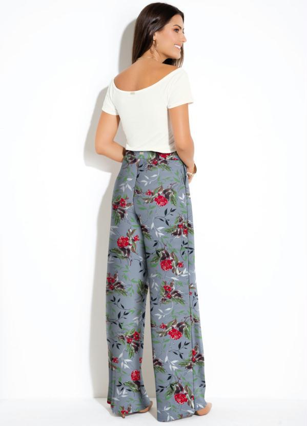 Quintess - Calça Pantalona Floral Cinza Cintura Alta 6