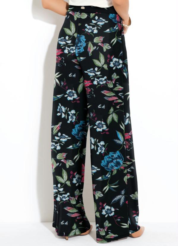Quintess - Calça Pantalona Floral Preto Cintura Alta 2