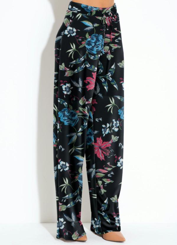 Quintess - Calça Pantalona Floral Preto Cintura Alta 3