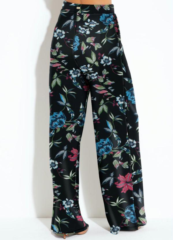 Quintess - Calça Pantalona Floral Preto Cintura Alta 4