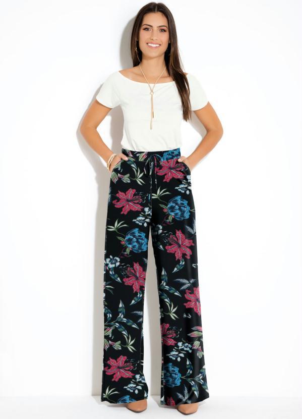 Quintess - Calça Pantalona Floral Preto Cintura Alta 5