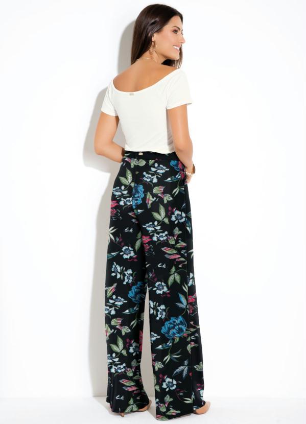 Quintess - Calça Pantalona Floral Preto Cintura Alta 6