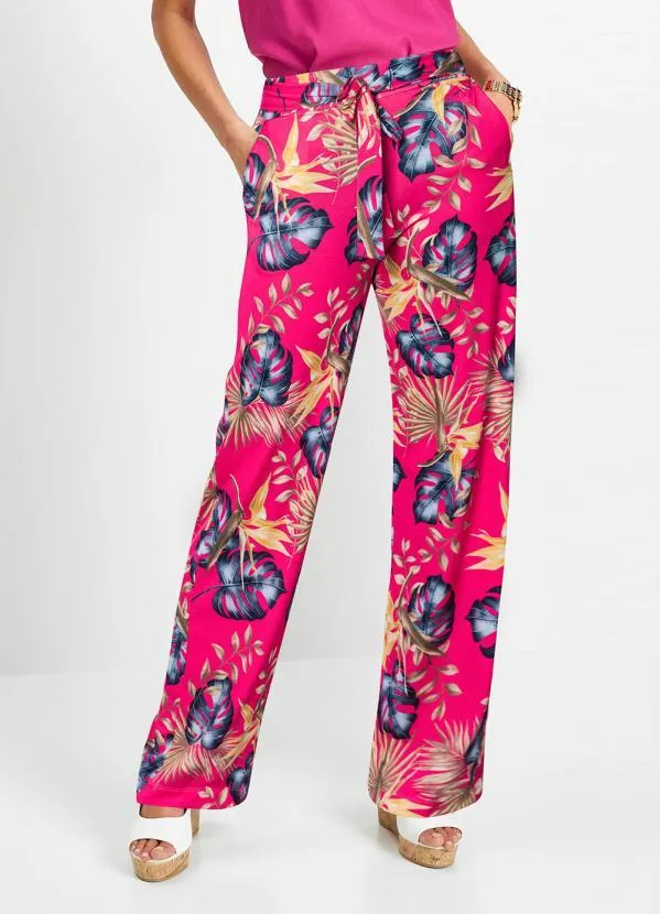 Outlet - Calça Pantalona Folhagem Rosa