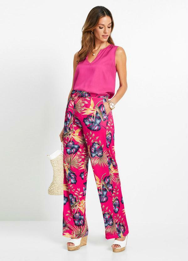 Outlet - Calça Pantalona Folhagem Rosa 4
